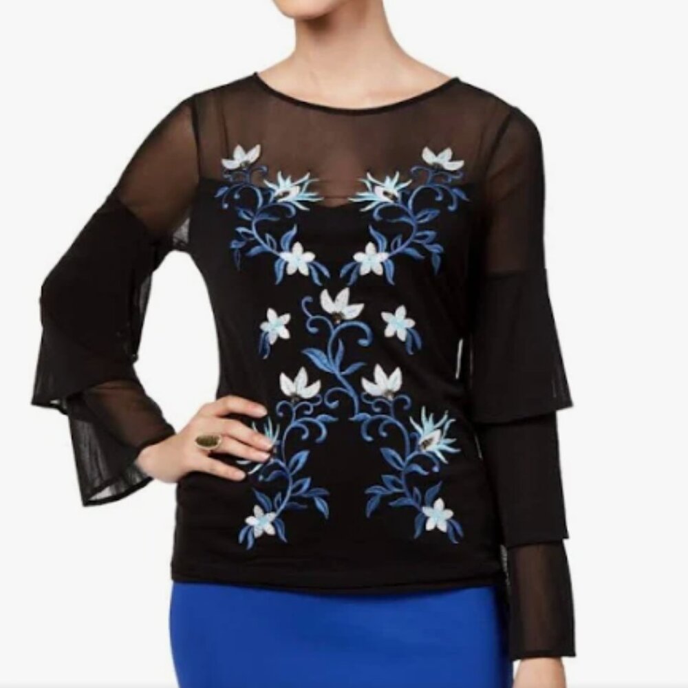 Thalia Sodi Sheer Embroidered Sequin Top w/ Attached Camisole Black Womens M NWT - Picture 3 of 14